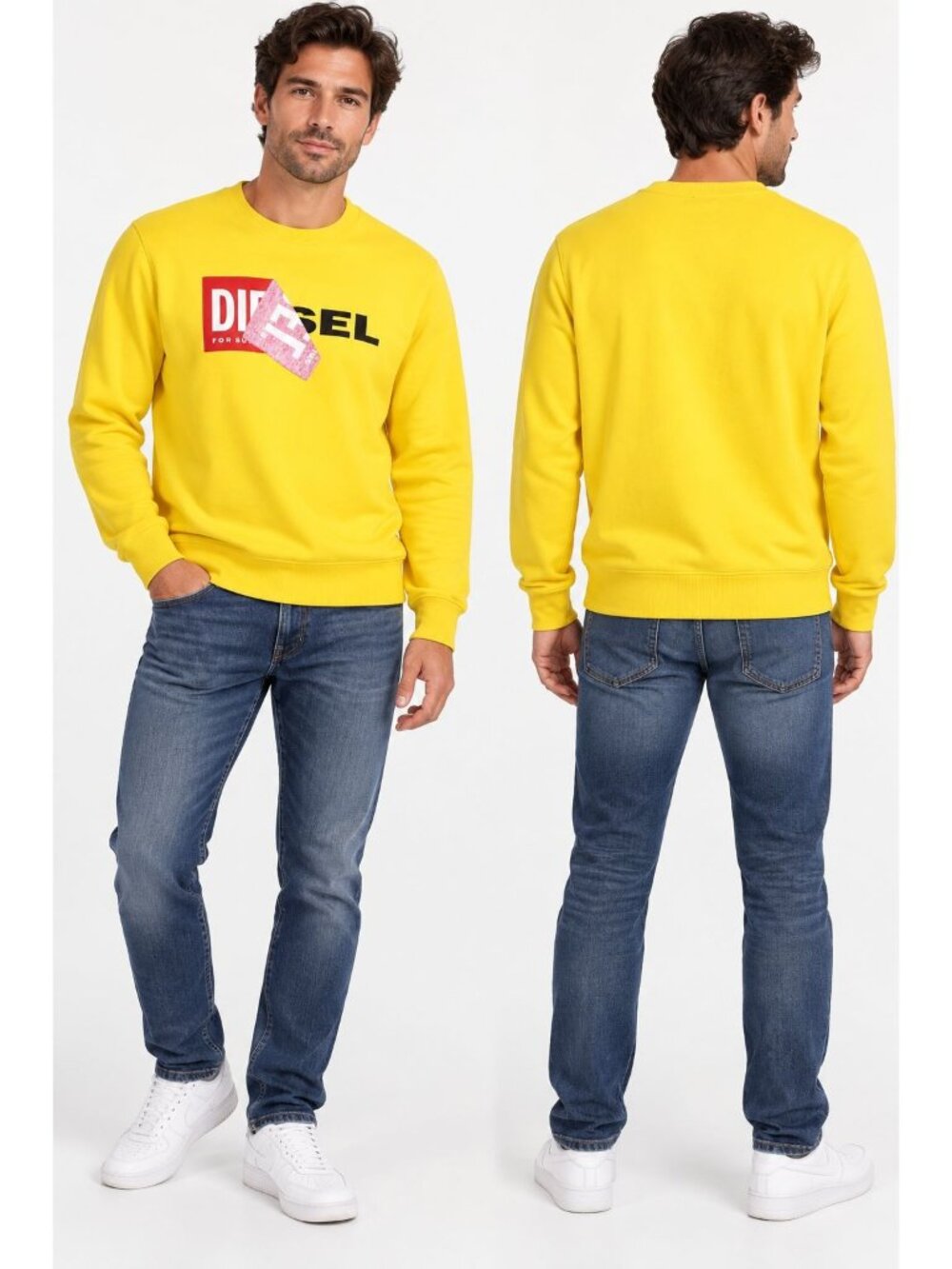 Diesel Mens Sweatshirt W/A Patchwork Peeling Effect design Yellow/ Red Small